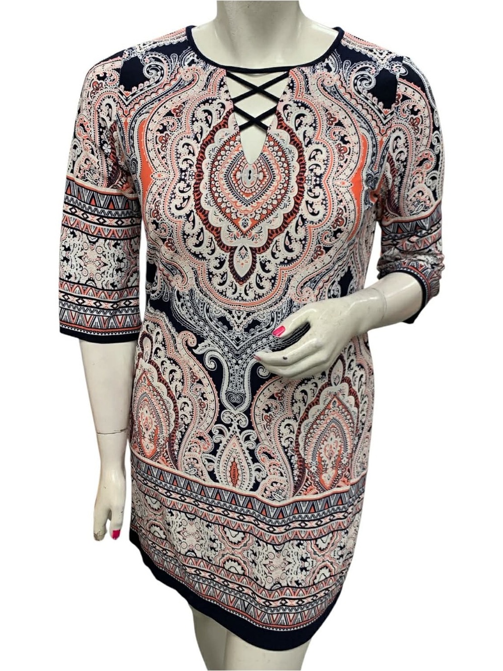 Sandra Darren Navy & Coral Paisley Lace-Up Tunic S12
